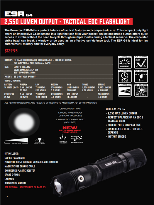 PowerTac E9R - G4 Tactical EDC Flashlight - 2,550 Lumen Output Specs